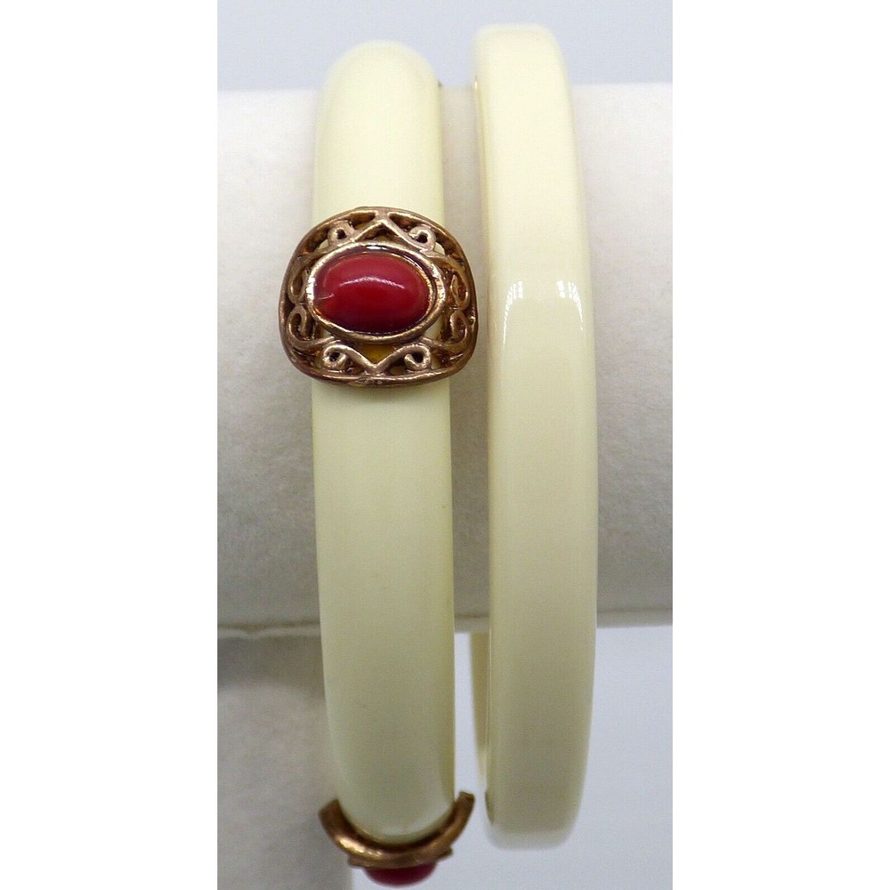 White Acrylic Bangle Bracelets Set of 2 Rose Gold Metal Red Stones Round